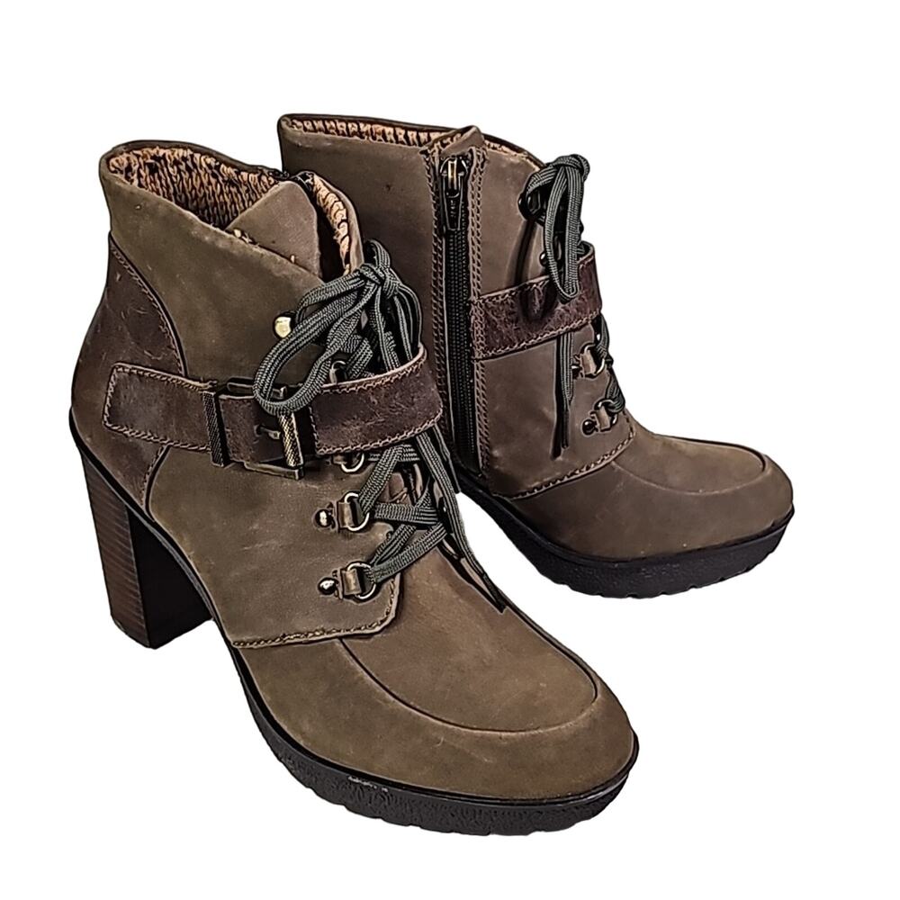 Nicole Sylvie Mint Brown Lace Up Look Zip Side Leather Ankle Boots Womens 9 NEW